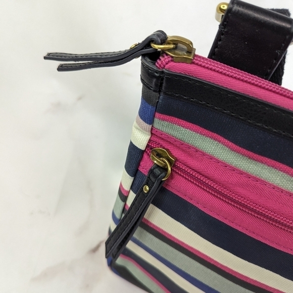 Fossil Eliza Black Multi Stripe Crossbody Messenger Bag Purse Pink Dots Stripes - Picture 7 of 16